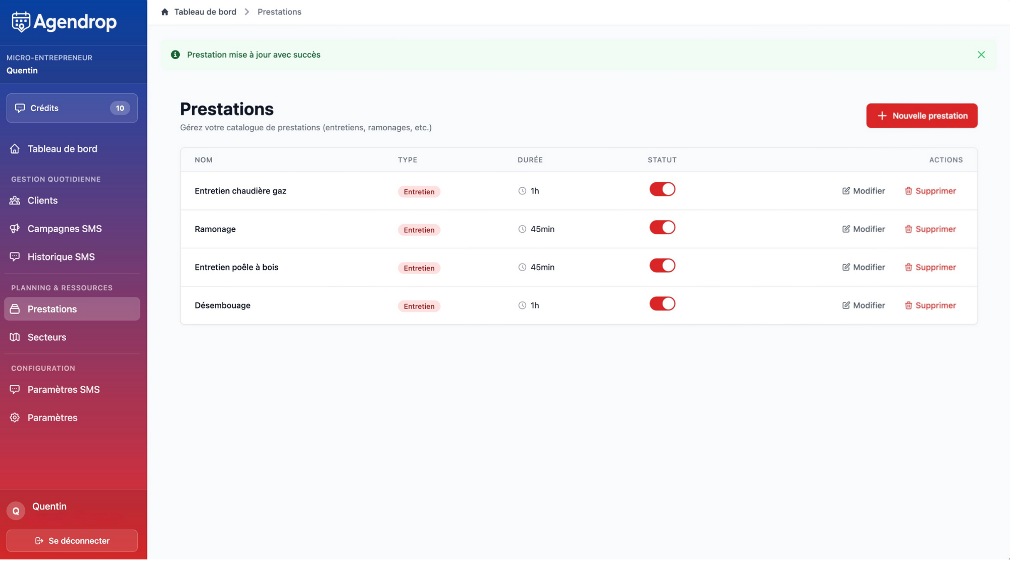 Agendrop - Tableau de bord de gestion des relances SMS et rendez-vous